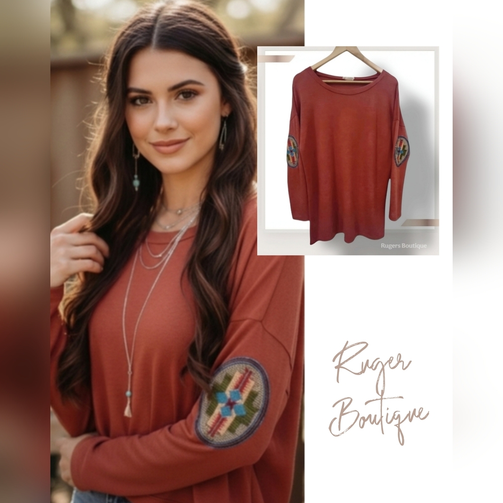 🌿Twenty Second Women's Rust Estimated Medium Aztec Elbow Pad Design Top